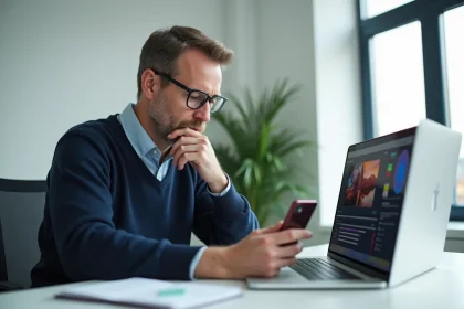 Homme d'âge moyen comparant ordinateur et smartphone