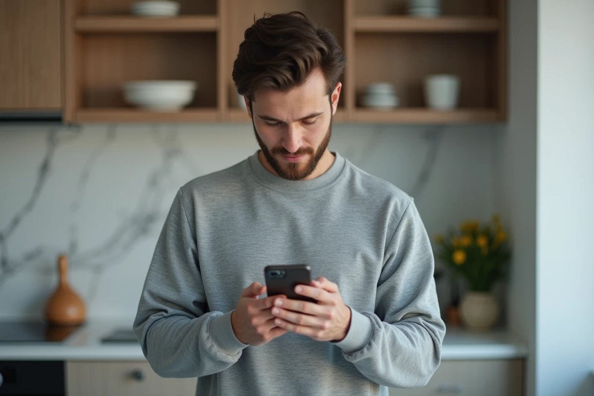 Homme consultant son smartphone pour valider un paiement PayPal lors d'un premier achat en ligne