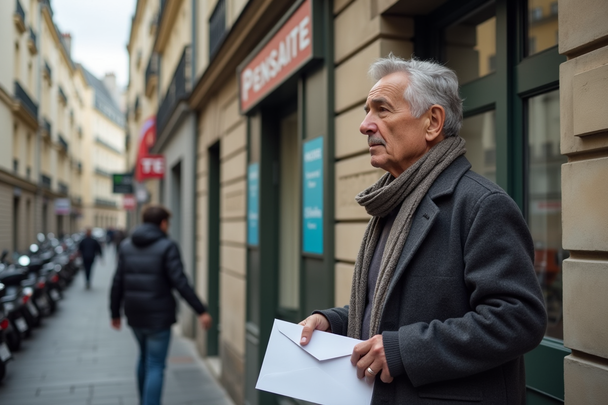 Homme français âgé devant un bureau de pension dans une rue parisienne