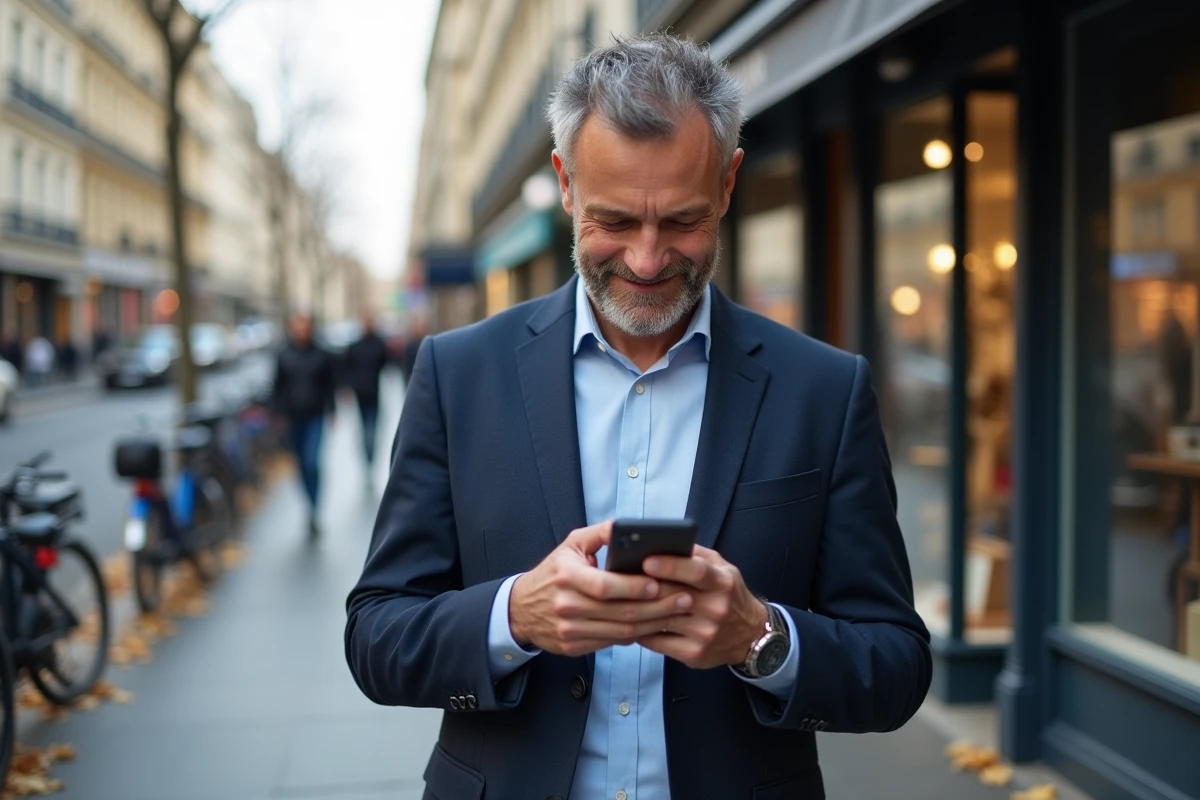 Homme d age moyen sur le trottoir de Paris avec smartphone