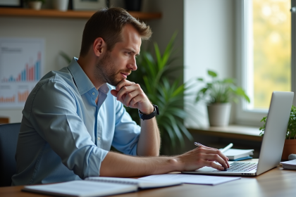 Homme d'âge moyen analysant son portefeuille financier au bureau