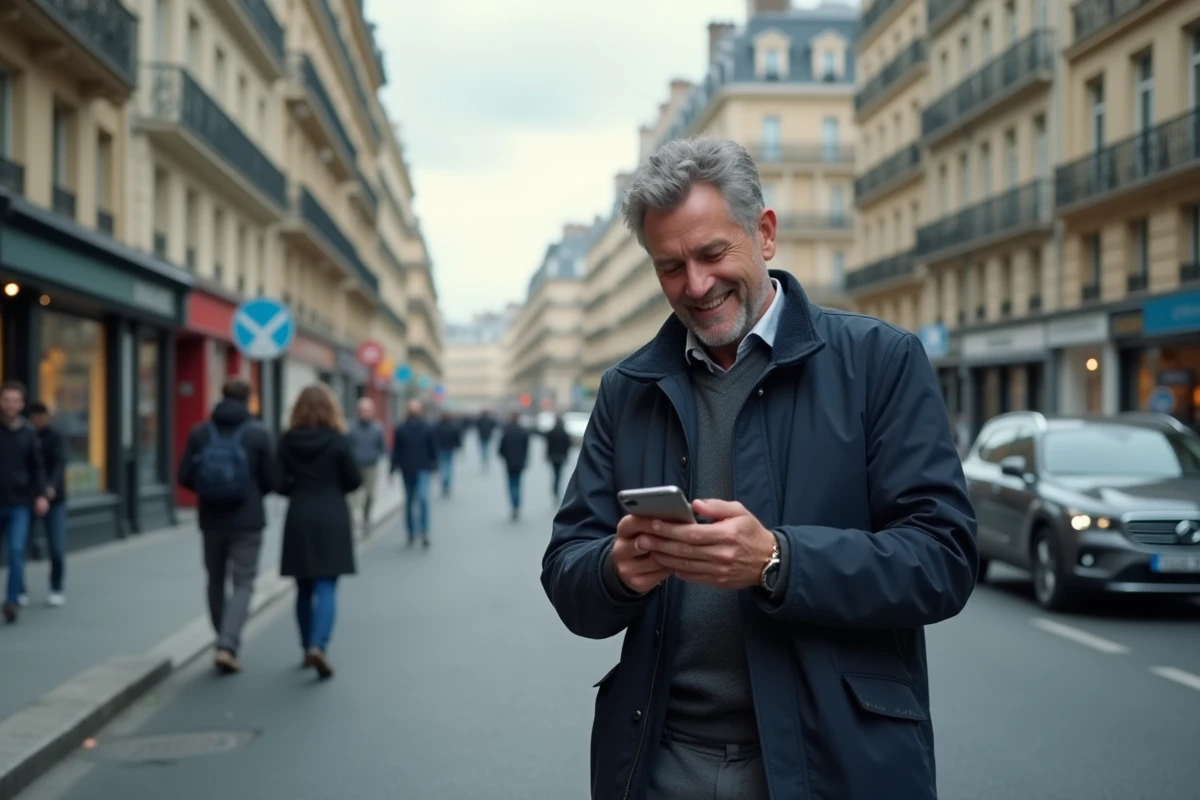 Homme consultant une application de navigation sur smartphone pour localiser une adresse d'assureur en ville