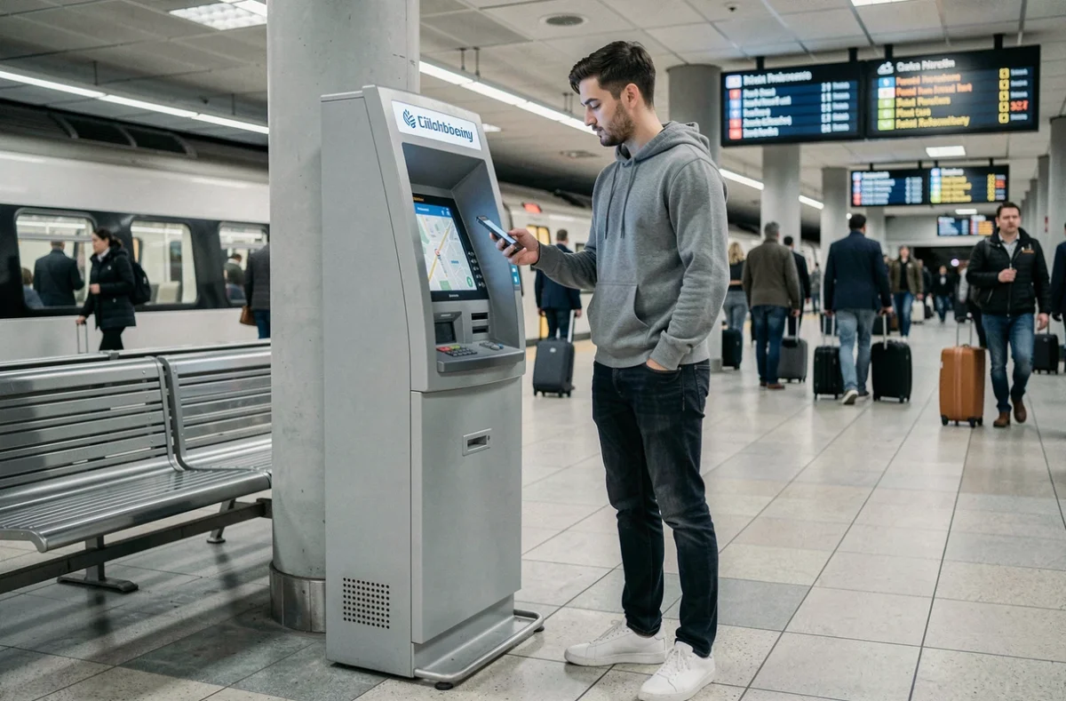 Jeune homme cherchant un distributeur de billets proche sur son smartphone dans une gare animée