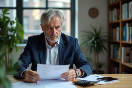 Homme d'âge moyen examinant des documents de retraite au bureau