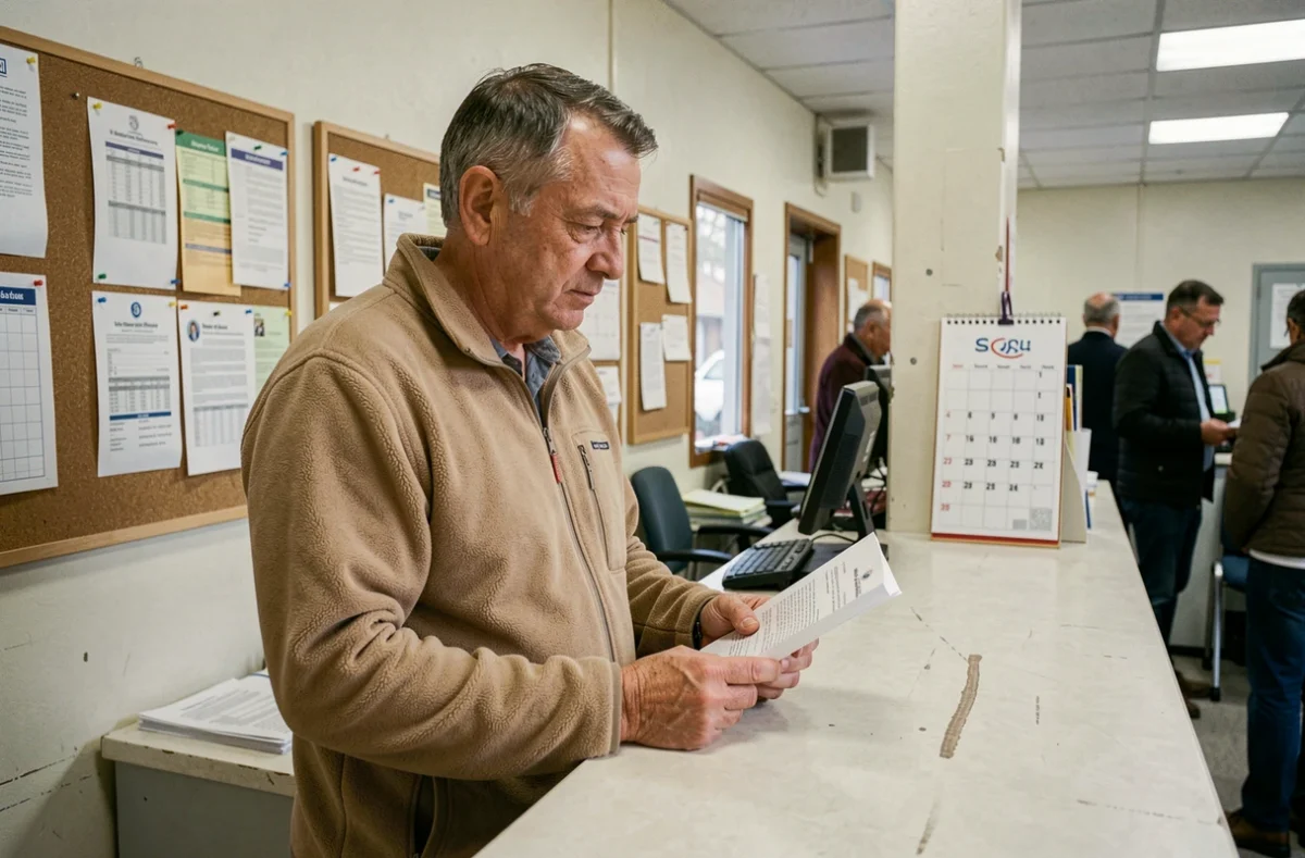 Homme retraité à la poste consultant un calendrier pour connaître les dates de versement de sa pension d'invalidité