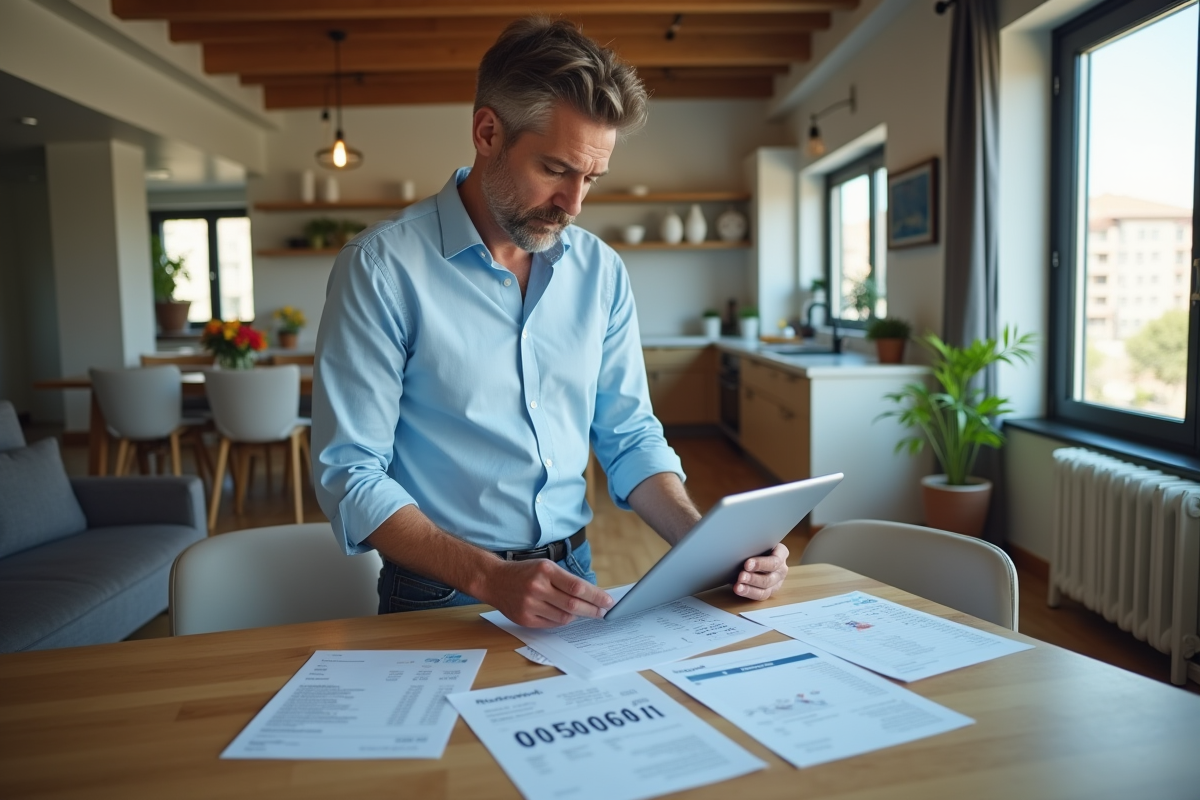 Homme vérifiant ses documents financiers à la maison