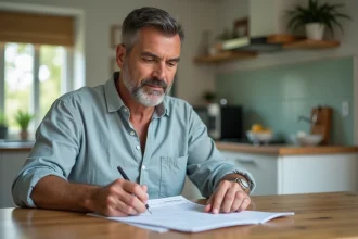 Homme d'âge moyen lisant un relevé dans une cuisine bretonne