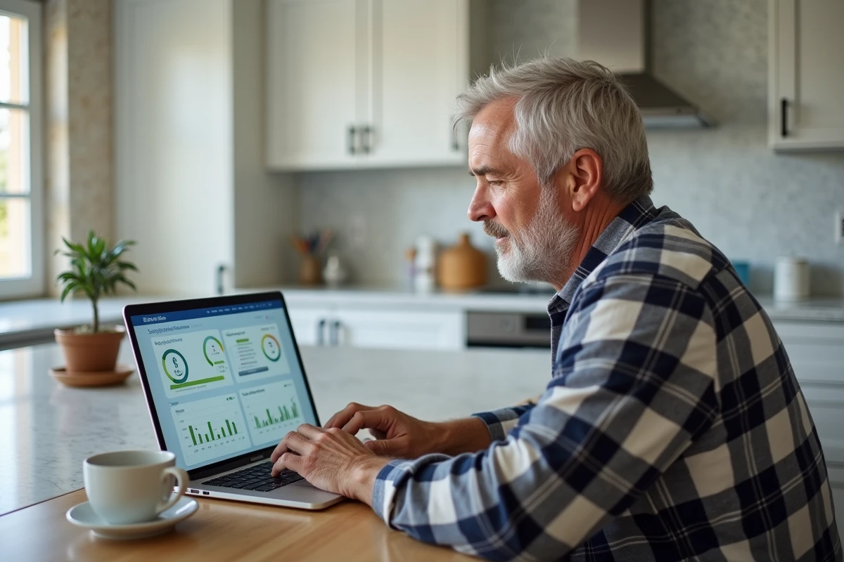 Homme senior consultant son espace retraite en ligne sur un ordinateur portable