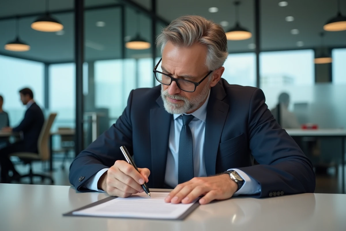 Homme d affaires signant un document dans une banque
