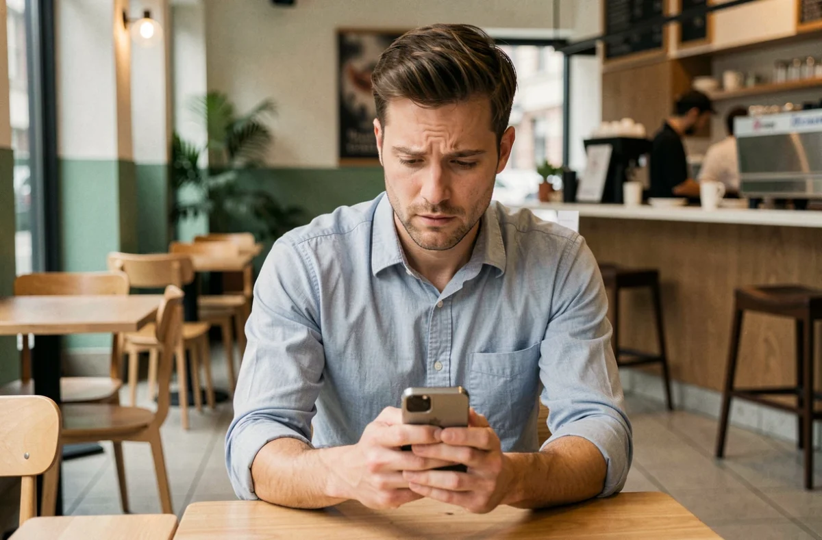 Homme consultant son smartphone dans un café pour comprendre la signification d'un sigle comme DZD