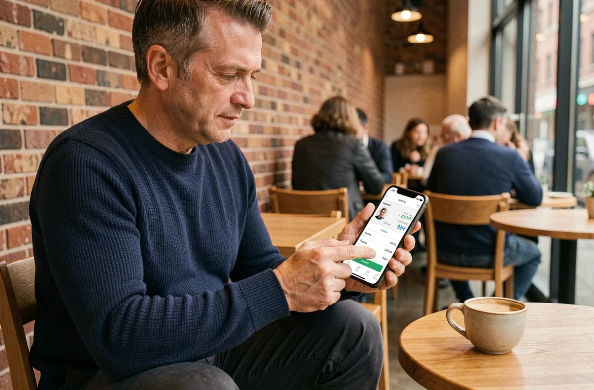 Homme suivant son prêt et son épargne sur l'application mobile Crédit Agricole Nord Est dans un café