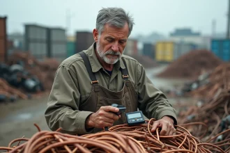 Homme en salopette triant des câbles en cuivre dans une casse