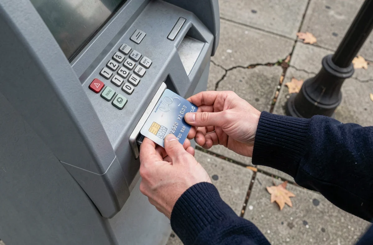 Gros plan de mains insérant une carte bancaire dans un distributeur automatique de billets en extérieur