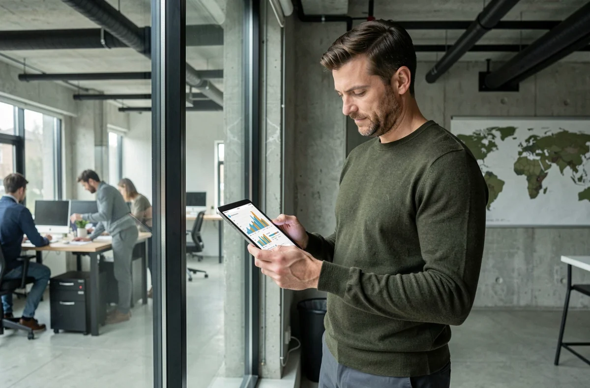 Investisseur consultant des données d'actifs alternatifs sur tablette dans un espace de travail moderne en 2026