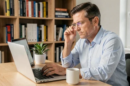 Investisseur particulier analysant des graphiques financiers sur un ordinateur portable dans son bureau à domicile