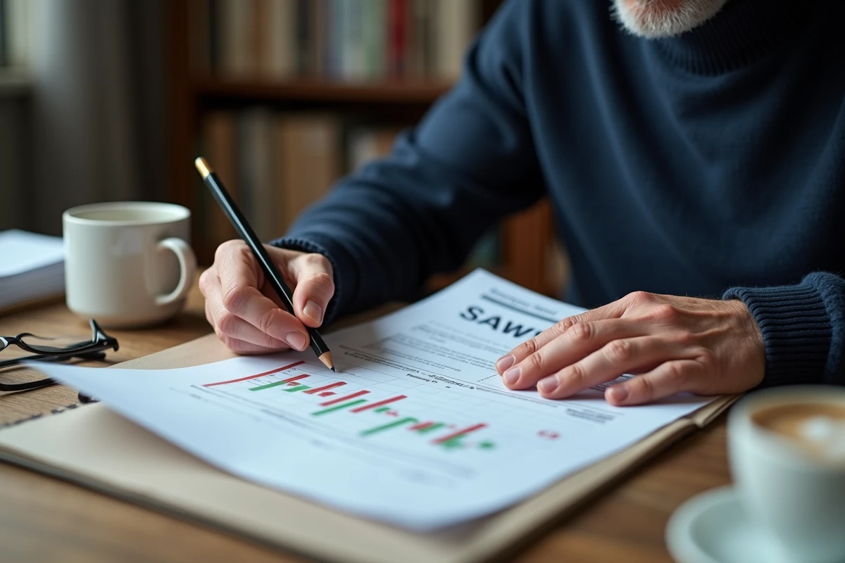 Gros plan des mains d'un investisseur expérimenté annotant un relevé boursier imprimé avec un repli marqué, symbolisant la réflexion sur le renforcement de l'action Thales