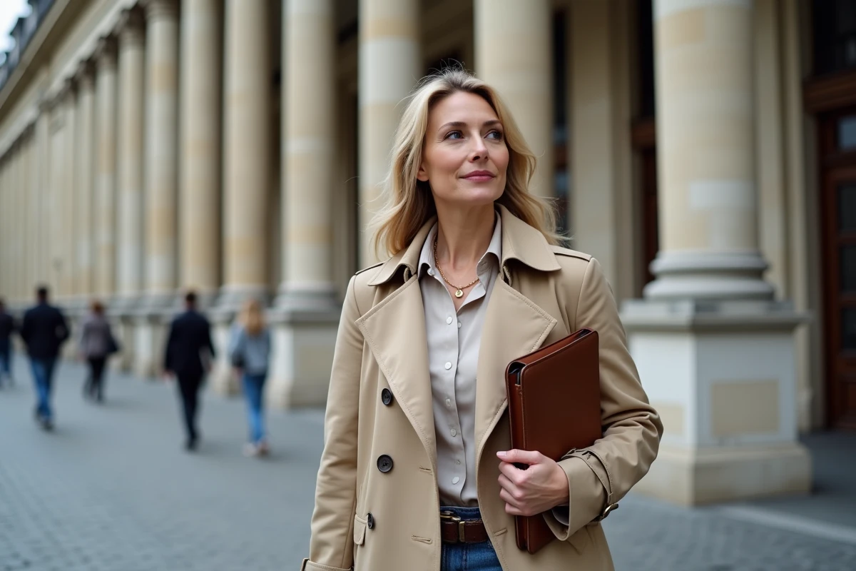 Investisseuse en trench coat devant la façade de la Bourse de Paris symbolisant les marchés financiers du luxe