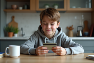 Adolescent regardant sa carte bancaire à la maison