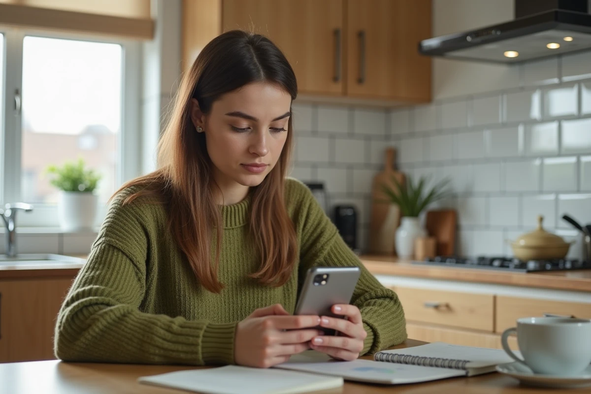 Jeune enseignante suivant le versement de son salaire sur smartphone depuis son domicile