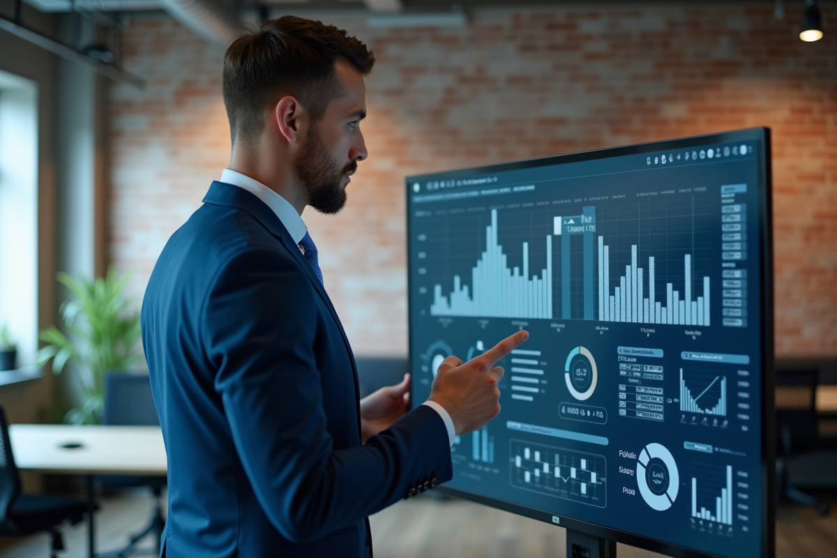 Jeune entrepreneur analysant des graphiques sur un écran digital