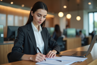 Jeune femme en banque examinant des documents et un ordinateur