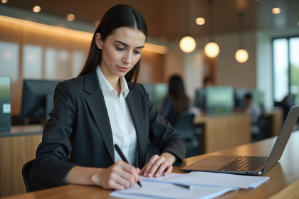 Jeune femme en banque examinant des documents et un ordinateur