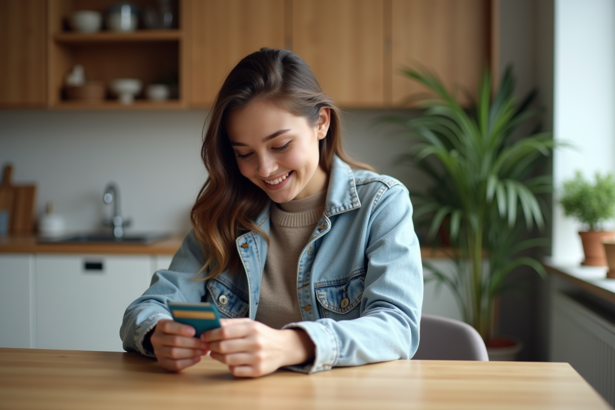 Jeune femme souriante examine une carte de crédit dans une cuisine moderne
