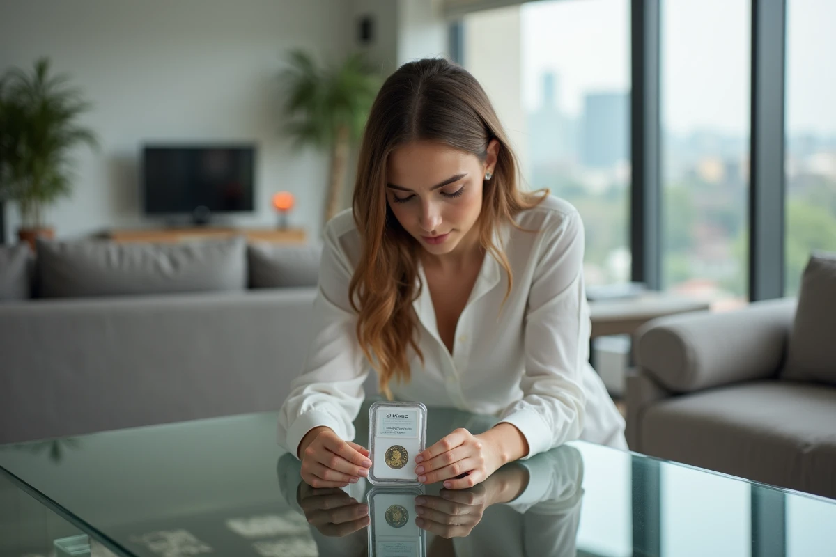 Jeune femme inspectant une pièce de 2 euros JO 2026