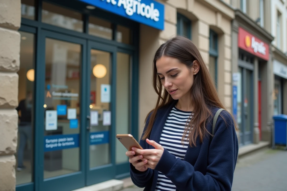 Jeune femme devant une agence Crédit Agricole avec son smartphone