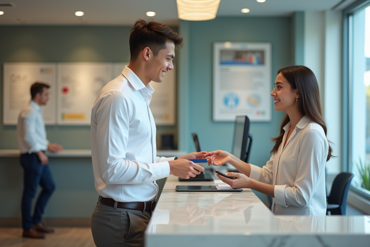 Jeune homme recevant une carte bancaire au guichet d