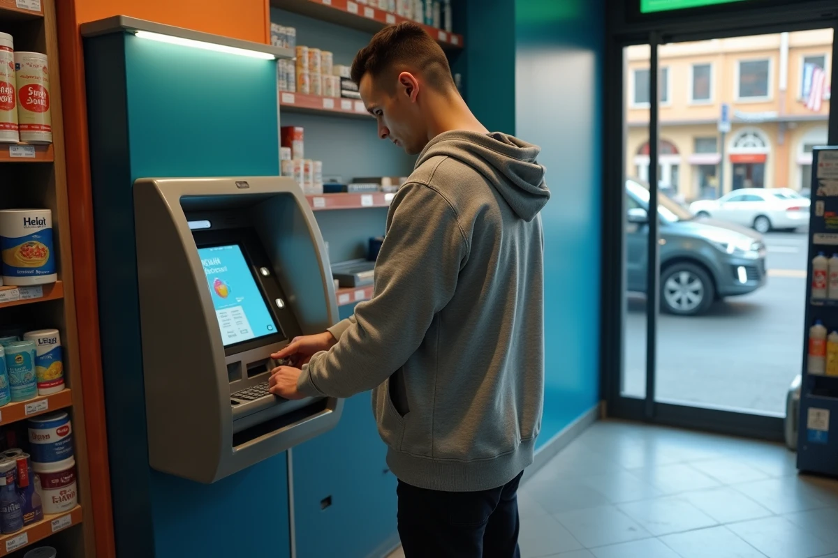 Jeune homme utilisant un distributeur dans un magasin moderne