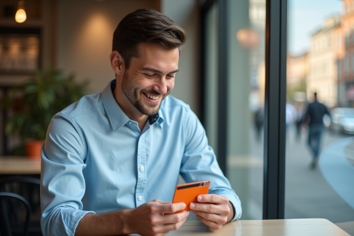 Jeune homme souriant examine une carte bancaire dans un café