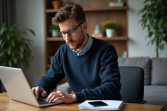 Jeune homme vérifiant des graphiques crypto sur son ordinateur