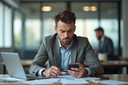 Jeune homme frustré avec carte et smartphone au bureau