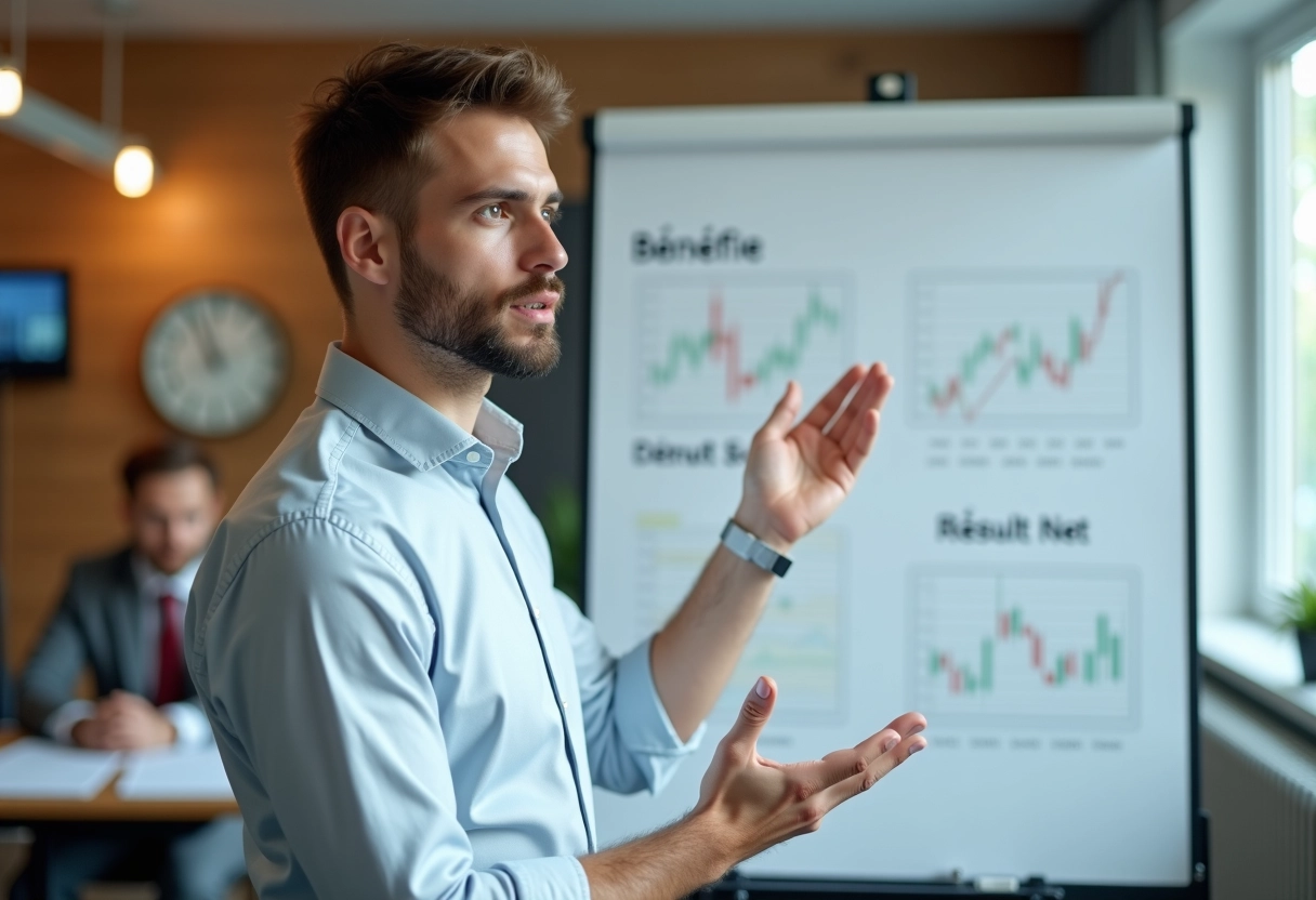 Jeune homme explique des graphiques financiers devant un tableau blanc