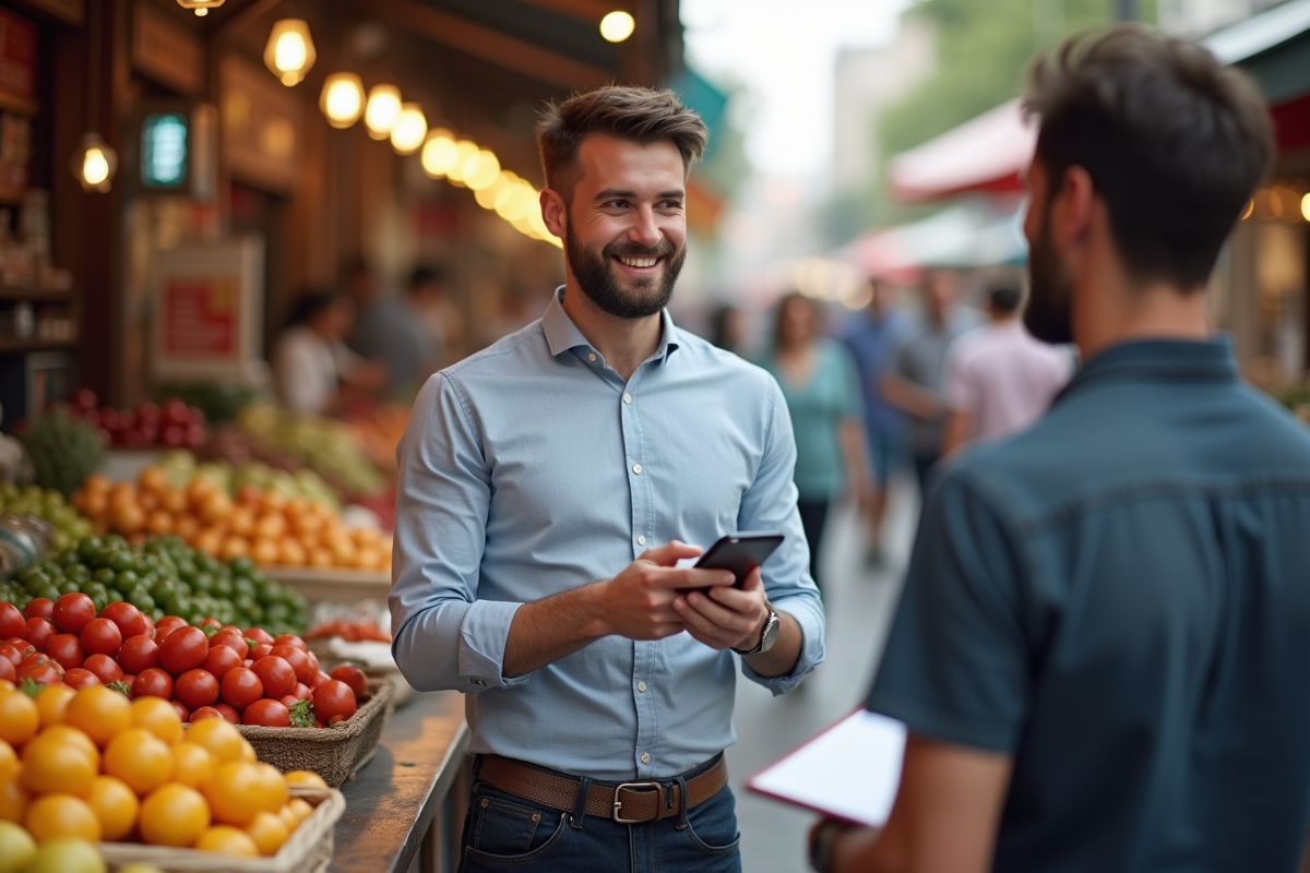 Jeune homme au marché en plein air avec produits colorés