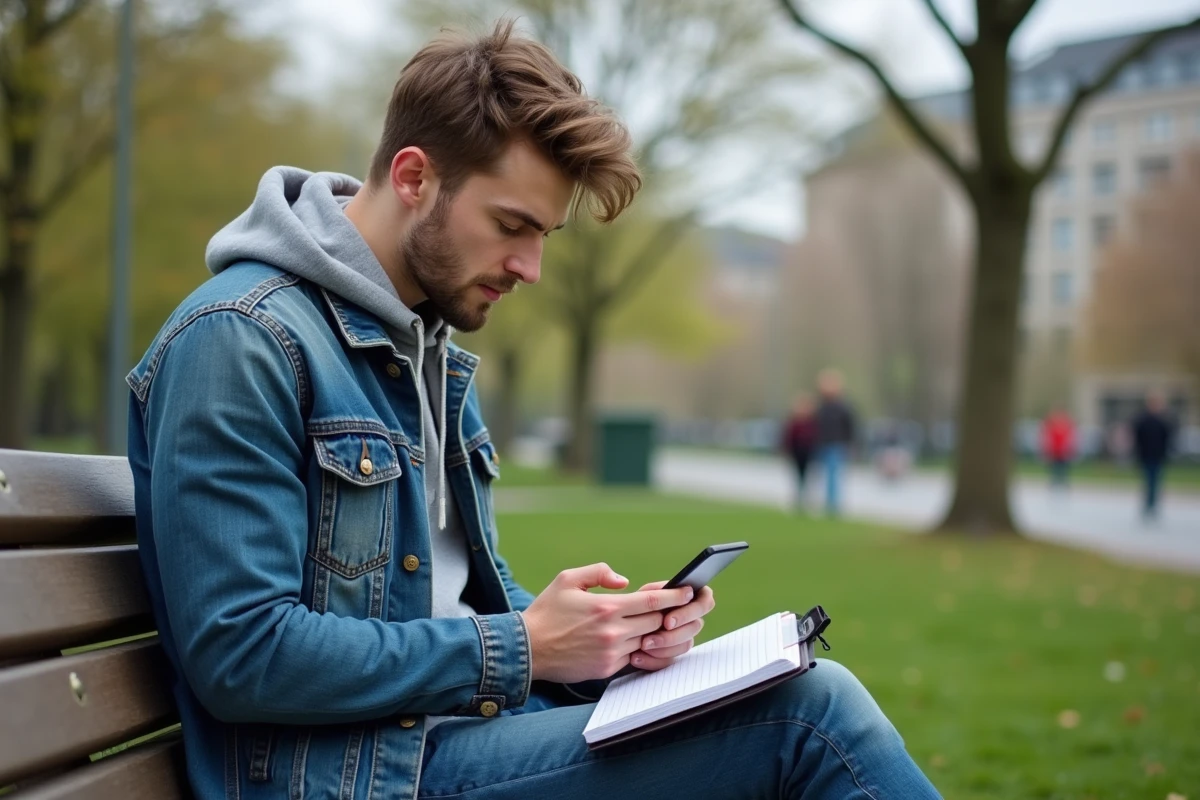 Jeune homme assis dans un parc urbain utilisant son smartphone