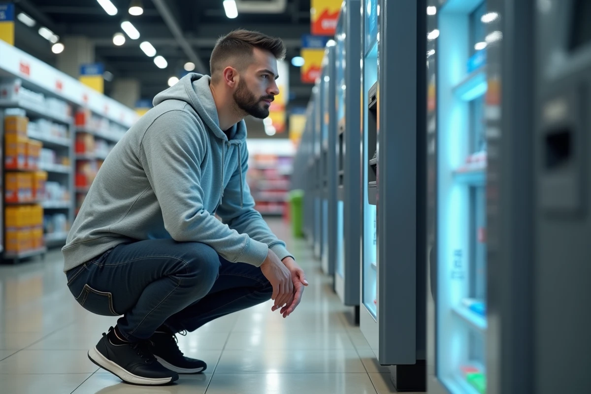 Jeune homme tentant un retrait à un distributeur automatique en supermarché avec une carte bancaire potentiellement bloquée