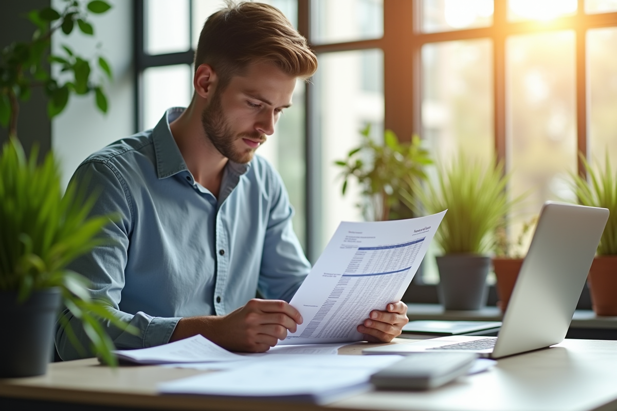 Jeune professionnel analysant factures et tableurs au bureau