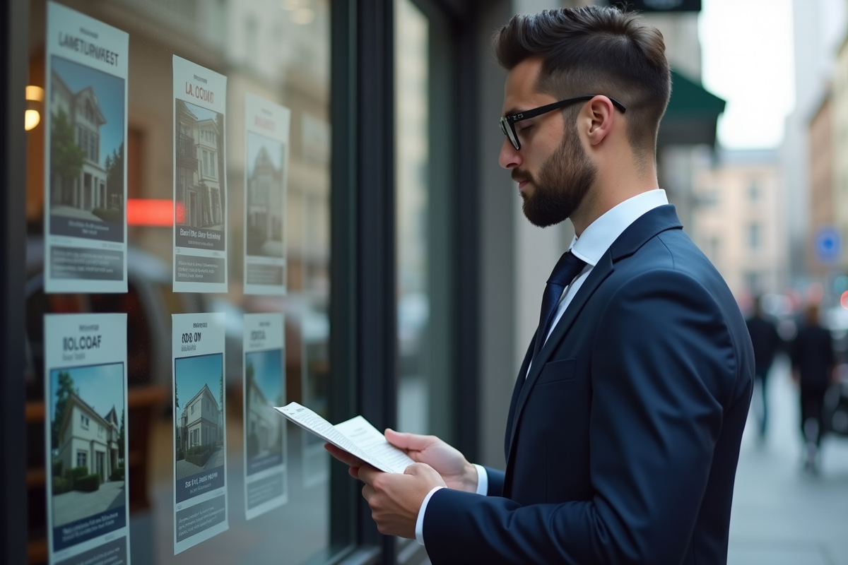 Jeune homme en costume regardant annonces immobilières en ville