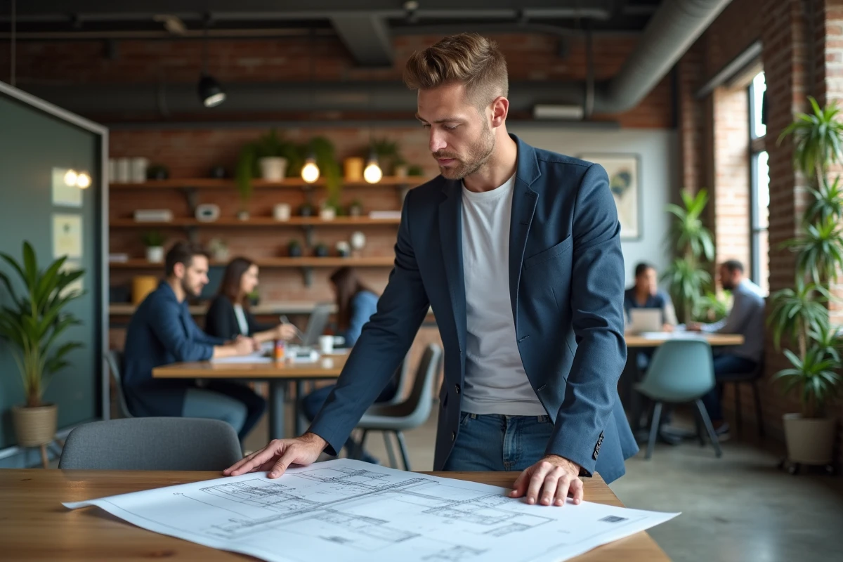 Jeune homme en blazer regardant des plans dans un espace coworking