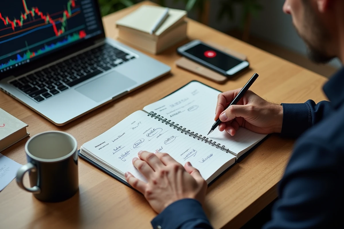Gros plan sur les mains d'un trader prenant des notes de gestion du risque dans un journal de trading avec des graphiques boursiers asiatiques en arrière-plan