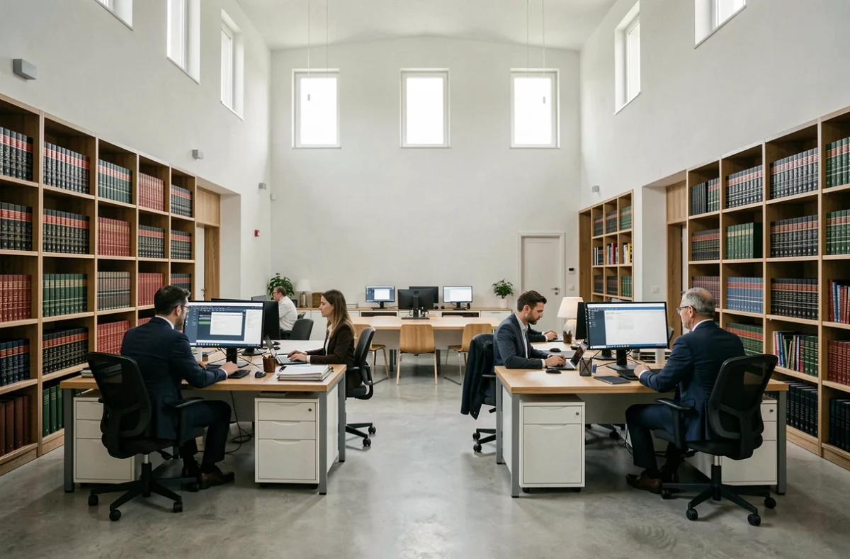 Open space d'un cabinet notarial moderne avec plusieurs professionnels travaillant sur des postes informatiques