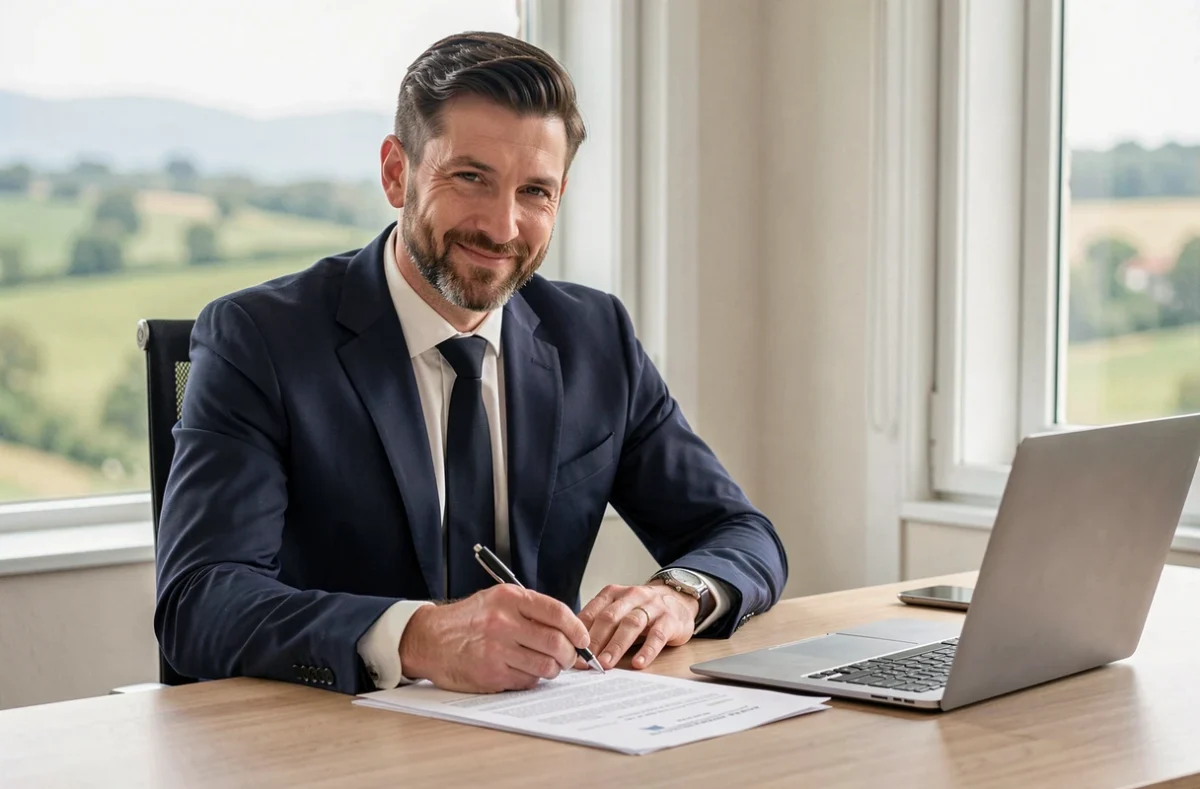 Notaire individuel assis à son bureau moderne avec documents juridiques, vue sur la campagne bourguignonne en arrière-plan