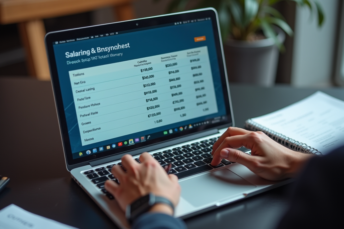 Main d’un professionnel utilisant un ordinateur pour voir un calcul de salaire