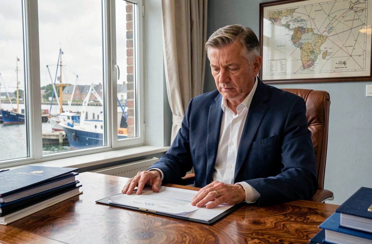 Maître Le Bihan, notaire à Lorient, consultant un document immobilier maritime dans son bureau avec vue sur le port de Lorient en arrière-plan