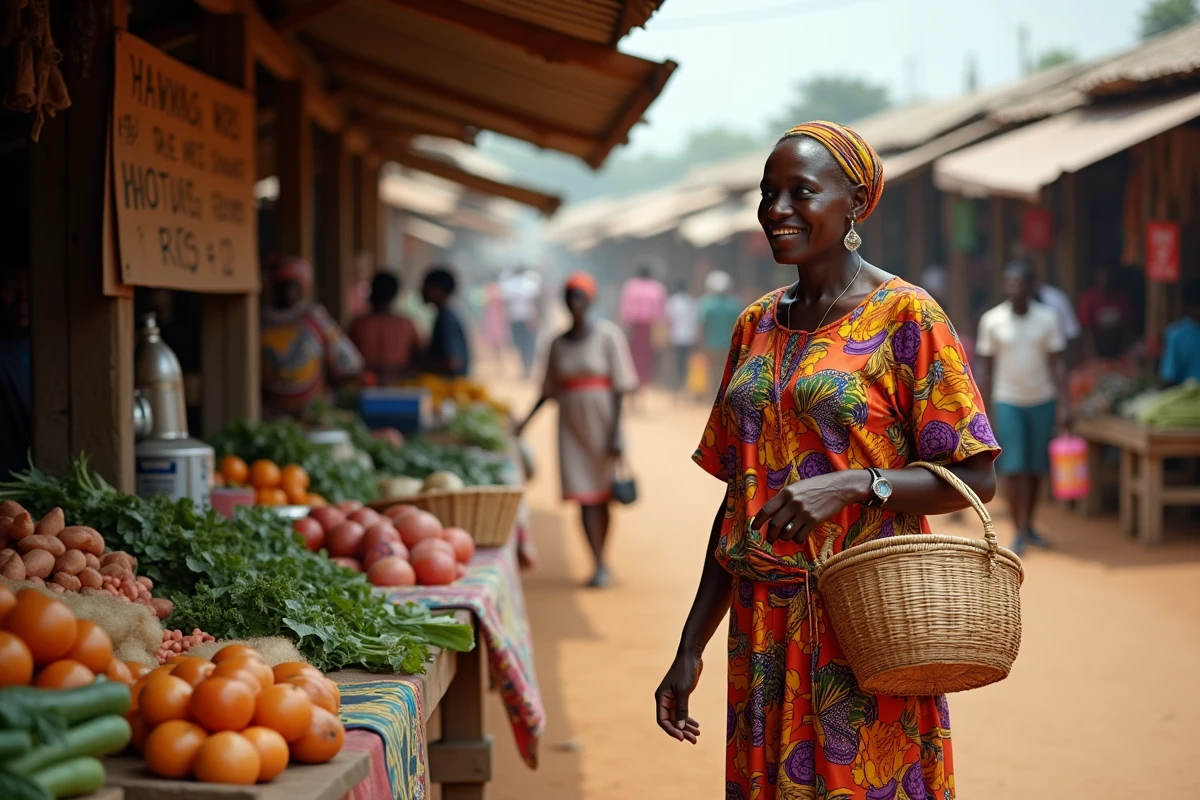Femme dans un marché en plein air d'un pays en développement illustrant l'économie locale