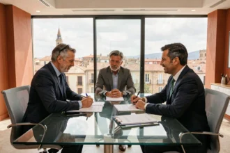 Courtiers en assurance professionnels en réunion dans un bureau moderne en Occitanie avec vue sur Toulouse