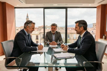 Courtiers en assurance professionnels en réunion dans un bureau moderne en Occitanie avec vue sur Toulouse