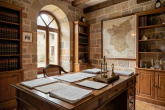 Bureau de notaire traditionnel en Bourgogne-Franche-Comté avec documents juridiques, presse à sceau et rayonnages en chêne